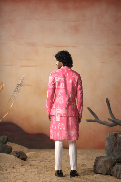 Rajasi — Coral Pink Nature Printed Russian Silk Nehru Jacket Set