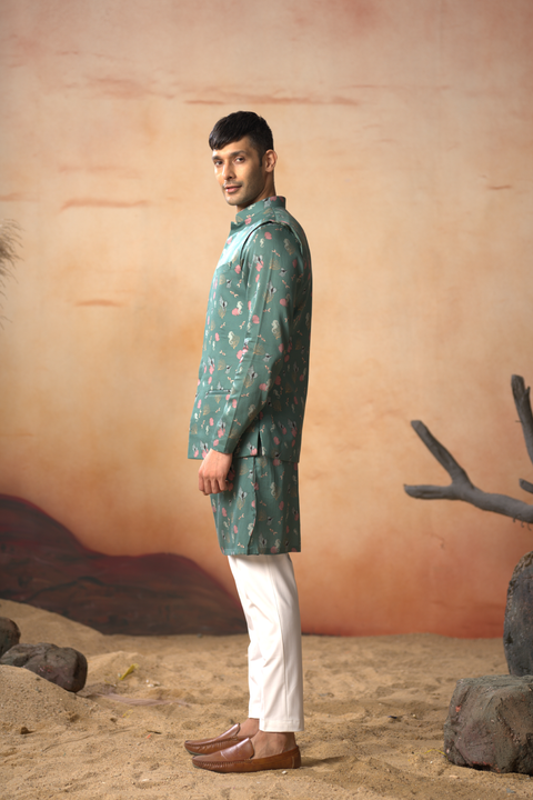 Coraline — Green Nature Printed Cotton Satin Nehru Jacket Set