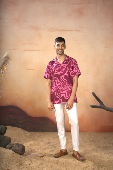 Marvory — Vibrant Pink Printed Cotton Satin Shirt