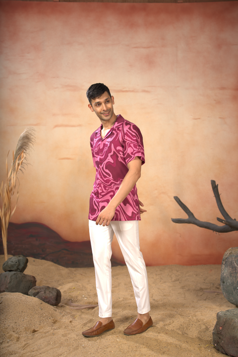 Marvory — Vibrant Pink Printed Cotton Satin Shirt