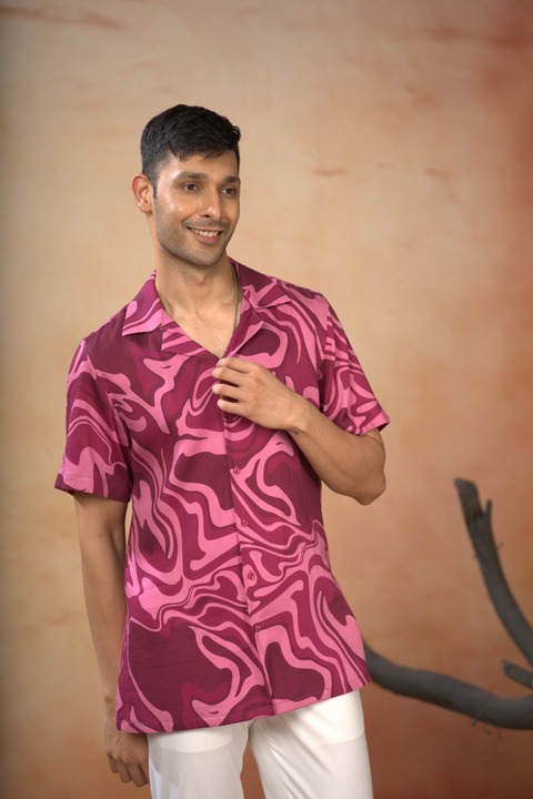Marvory — Vibrant Pink Printed Cotton Satin Shirt