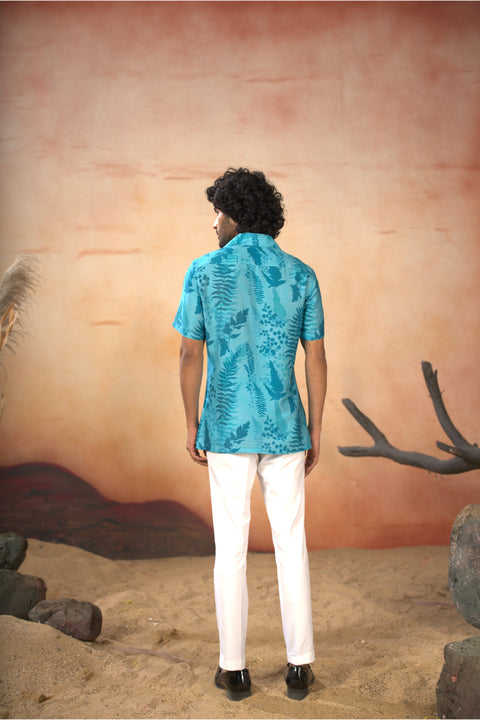 Brizia — Blue Printed Cotton Satin Shirt