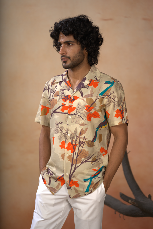 Aviance — Beige Printed Cotton Satin Shirt