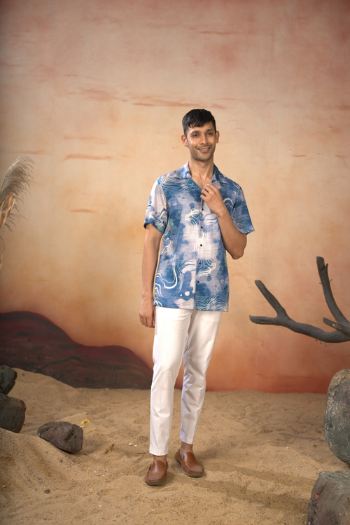 Carrina — Blue Marbled Desert Printed Cotton Satin Shirt