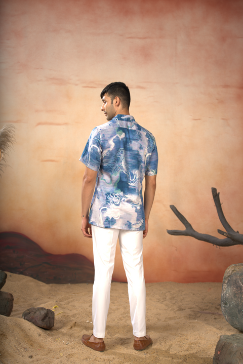 Carrina — Blue Marbled Desert Printed Cotton Satin Shirt