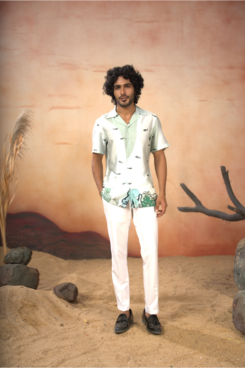 Aquaris β Sea Green Deep-Sea Printed Cotton Satin Shirt