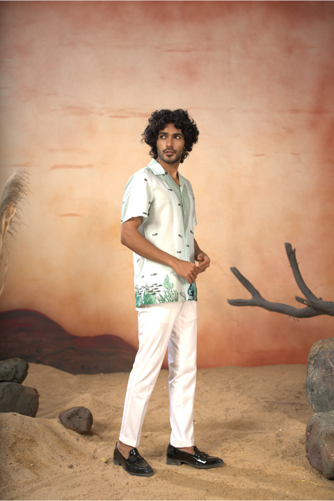 Aquaris — Sea Green Deep-Sea Printed Cotton Satin Shirt