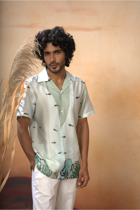 Aquaris β Sea Green Deep-Sea Printed Cotton Satin Shirt