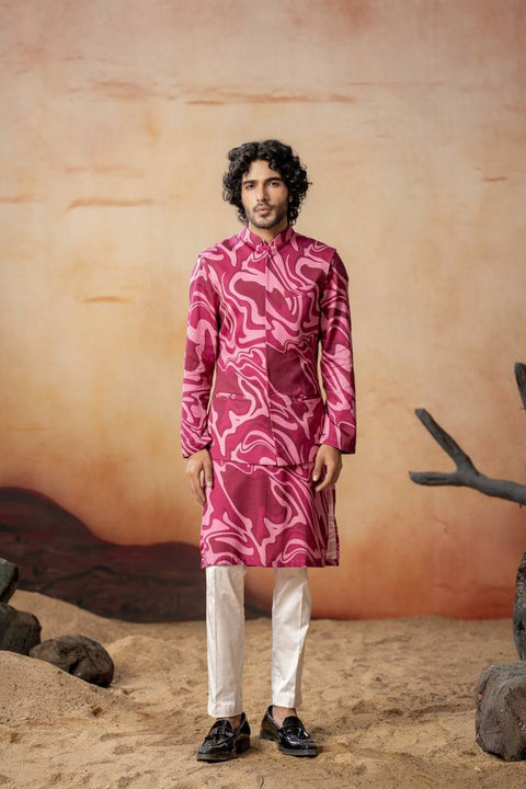 Marvora — Vibrant Pink Nature Printed Cotton Satin Nehru Jacket Set