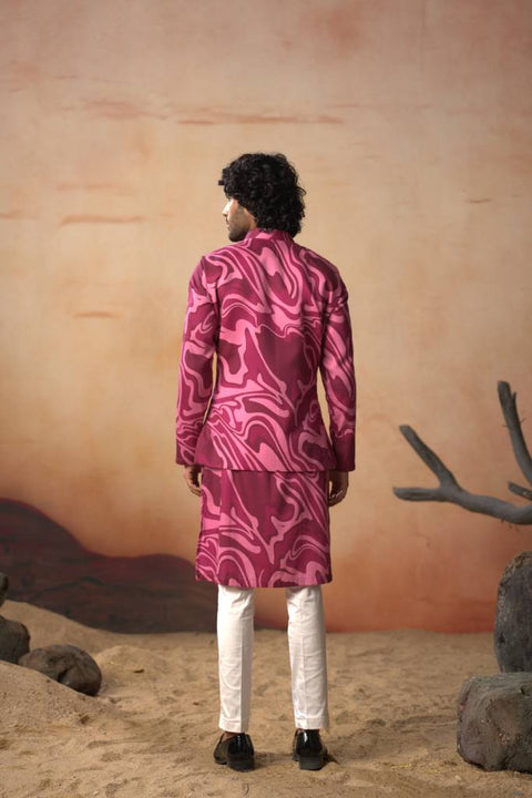 Marvora — Vibrant Pink Nature Printed Cotton Satin Nehru Jacket Set