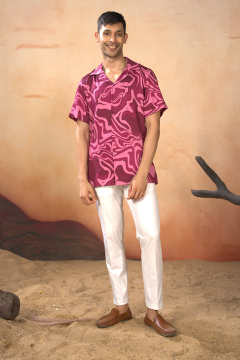 Marvory — Vibrant Pink Printed Cotton Satin Shirt