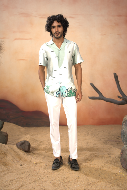 Aquaris — Sea Green Deep-Sea Printed Cotton Satin Shirt