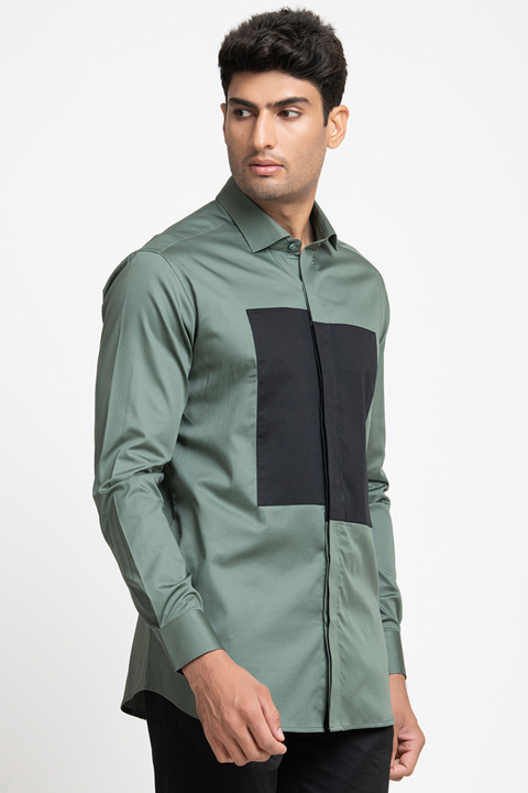 Olinoir β Black & Olive Patch Giza Cotton Shirt