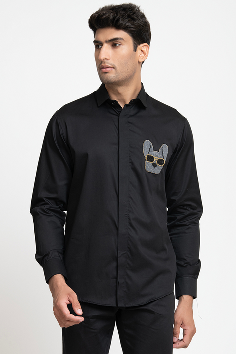 Rover β Black Hand Embroidered Giza Cotton Shirt