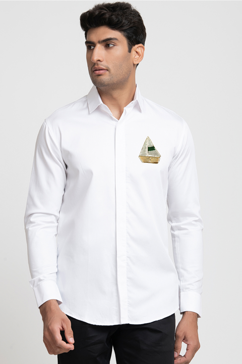 Canoe — White Hand Embroidered Giza Cotton Shirt