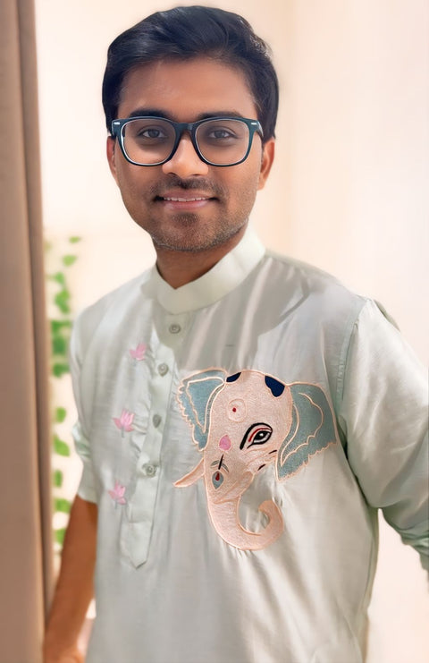 Vignesha — Pista Green Ganesha Thread Embroidered Semi Raw Silk Kurta