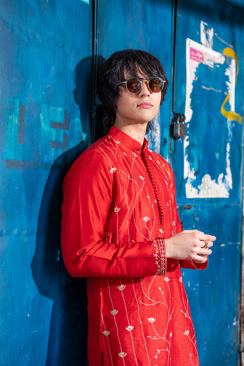 Gulmohar — Falling Raw Silk Embroidered Kurta