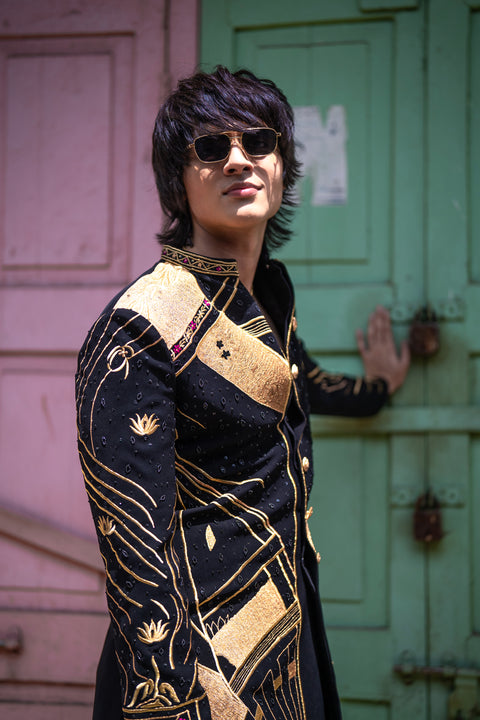 Raahi β Black Hand Embroidered British Fabric Indo-Western