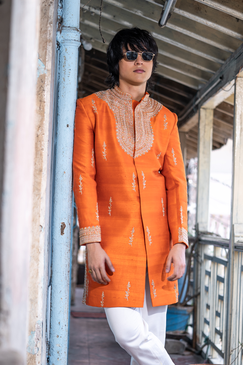 Zafran β Saffron Hand Embroidered Raw Silk Sherwani Set
