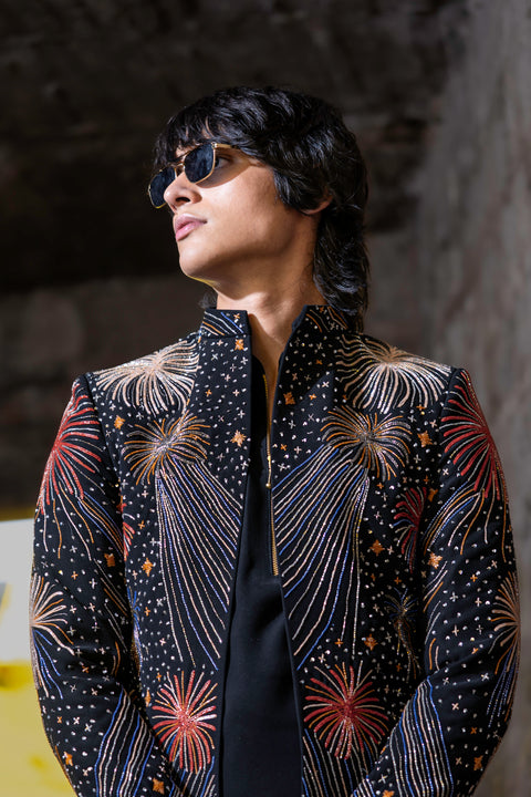 Fireveil — Black Hand Embroidered Armani Fabric Indo-Western Set
