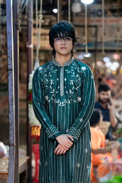 Naksh β Bottle Green Thread Embroidered Falling Raw Silk Kurta