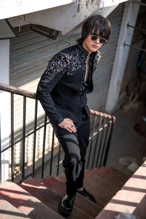 Stardust — Black Crystal Embroidered Armani Fabric Bling Blazer