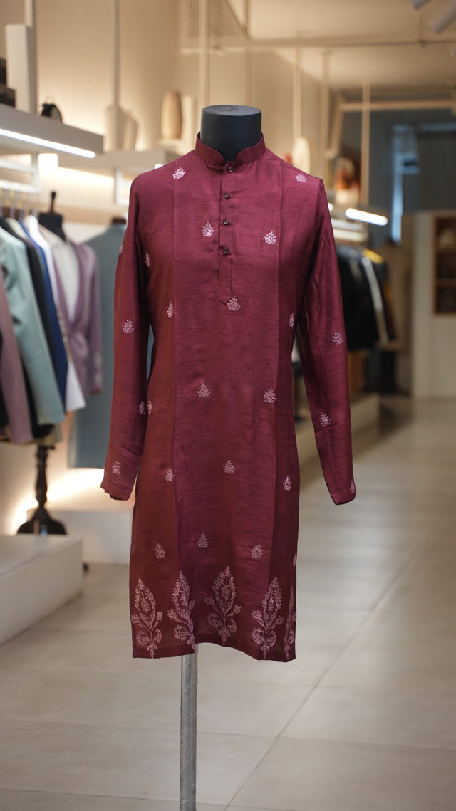 Urja — Maroon Thread Embroidered Falling Raw Silk Kurta