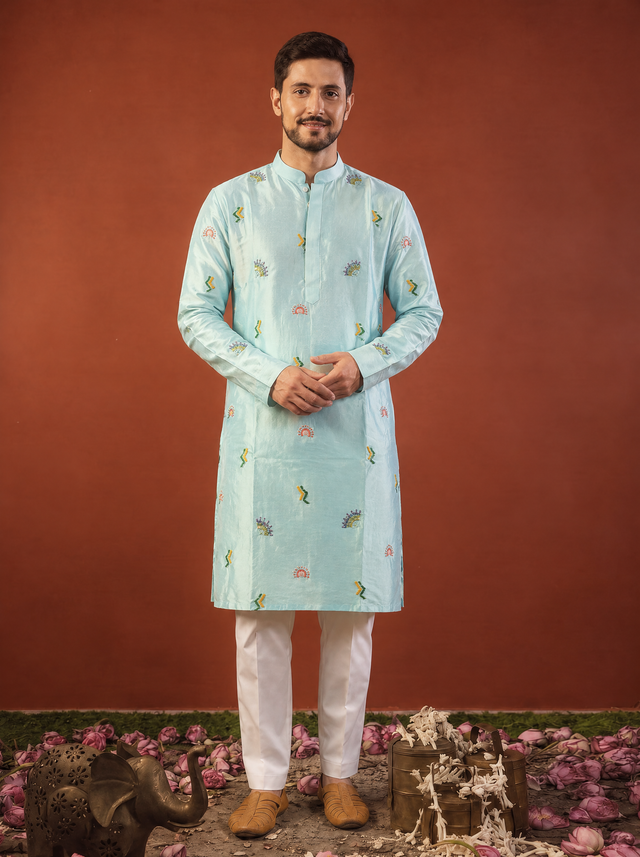 Lilac Charm — Powder Blue Hand Embroidered Dupion Silk Kurta Set