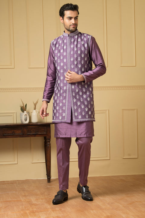 Suave — Purple Embroidered Semi Raw Silk Indo-Western