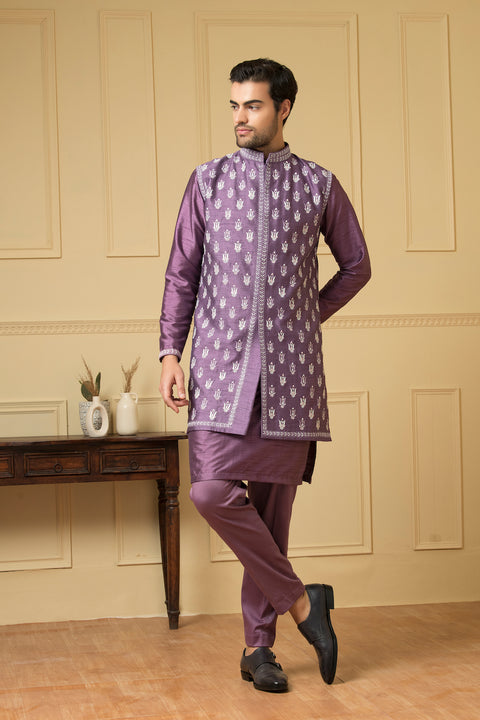 Suave — Purple Embroidered Semi Raw Silk Indo-Western
