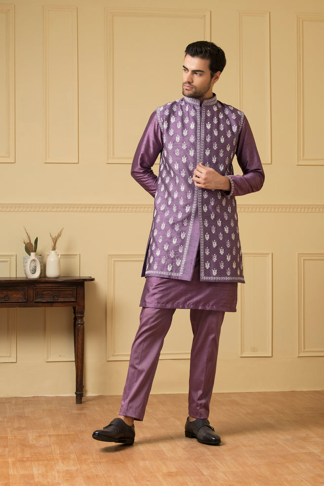 Suave — Purple Embroidered Semi Raw Silk Indo-Western