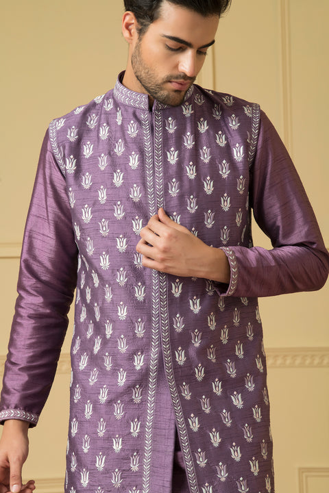 Suave — Purple Embroidered Semi Raw Silk Indo-Western