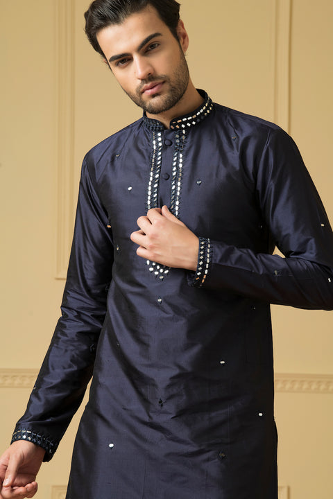 Exquisite β Midnight Blue Hand Mirror Embroidered Dupion Silk Kurta