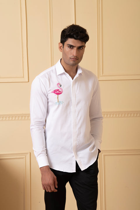 Swanique β White Machine Embroidered Giza Cotton Shirt
