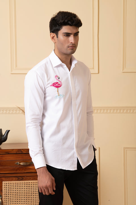 Swanique β White Machine Embroidered Giza Cotton Shirt
