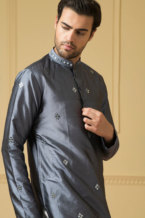 Armonia — Grey Blue Hand Mirror Embroidered Dupion Silk Kurta