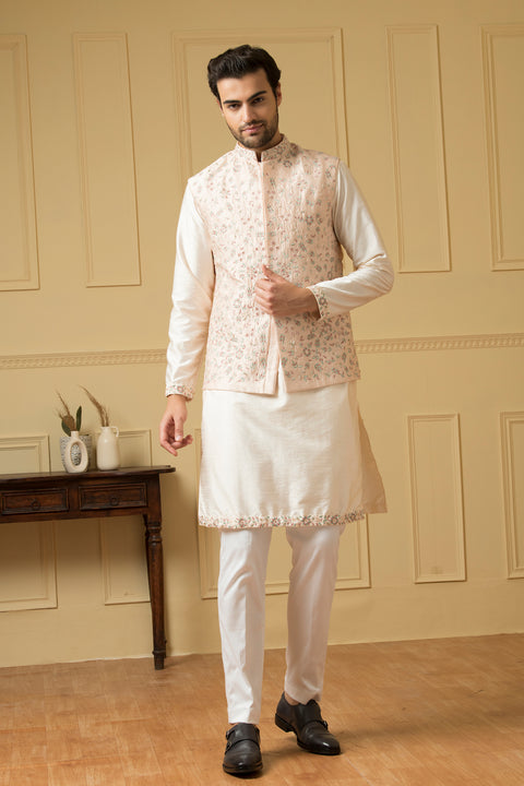 Fiori — Peach Thread Embroidered Semi Raw Silk Nehru Jacket