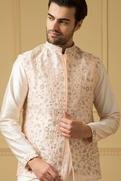 Fiori — Peach Thread Embroidered Semi Raw Silk Nehru Jacket