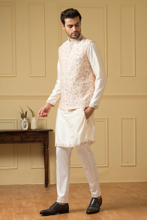 Fiori — Peach Thread Embroidered Semi Raw Silk Nehru Jacket