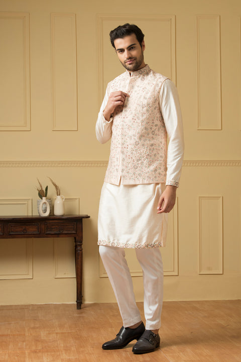 Fiori — Peach Thread Embroidered Semi Raw Silk Nehru Jacket