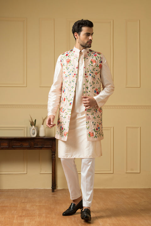 Divino β Off White Embroidered Semi Raw Silk Indo-Western
