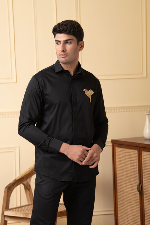 Origami β Black Hand Embroidered Giza Cotton Shirt