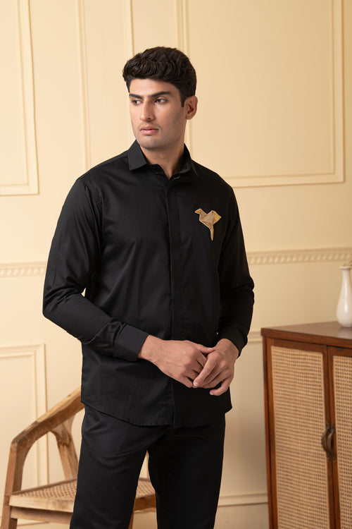 Origami — Black Hand Embroidered Giza Cotton Shirt