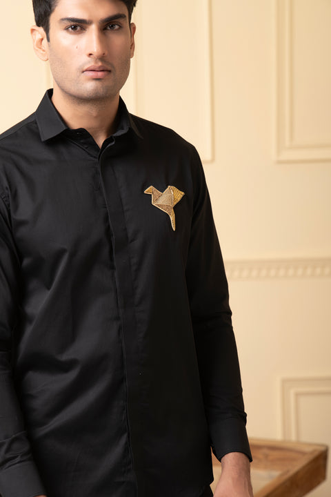 Origami β Black Hand Embroidered Giza Cotton Shirt