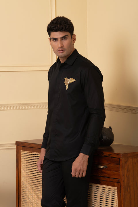 Origami — Black Hand Embroidered Giza Cotton Shirt