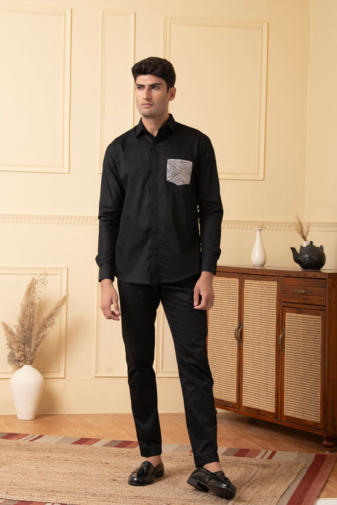Square — Black Hand Embroidered Giza Cotton Shirt
