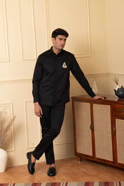 Voyage — Black Hand Embroidered Giza Cotton Shirt