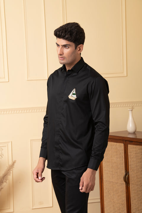 Voyage β Black Hand Embroidered Giza Cotton Shirt