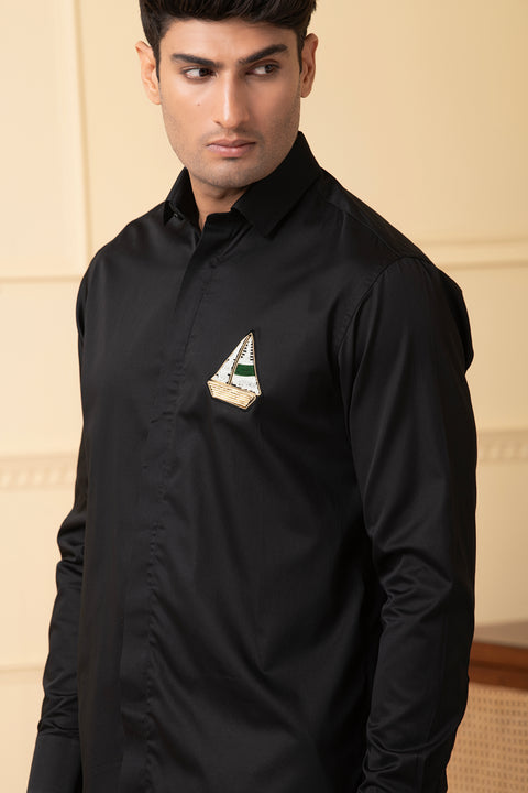 Voyage β Black Hand Embroidered Giza Cotton Shirt