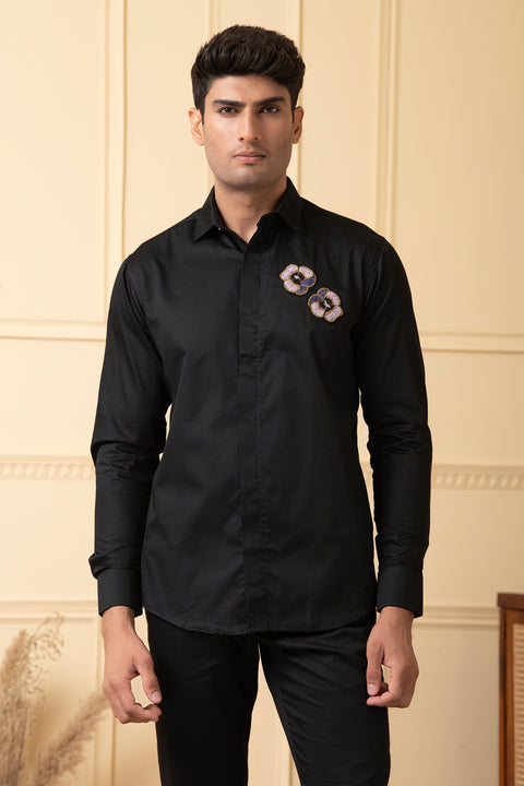 Flor β Black Hand Embroidered Giza Cotton Shirt